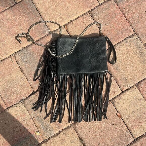 Handbags - Black Leather Fringe Clutch / Crossbody Bag with Gold Chain - Zip Pocket Inside